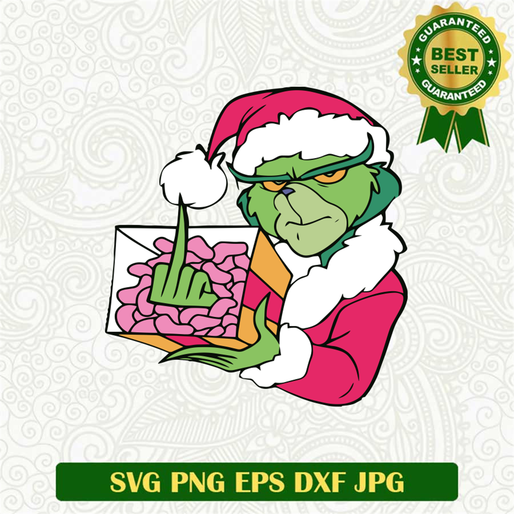 Grinch raises middle finger from a Christmas gift box SVG