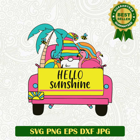 Hello sunshine Gnome flamingo SVG, Flamingo and Gnomes on Truck car SVG, Summer Flamingo SVG PNG cut file