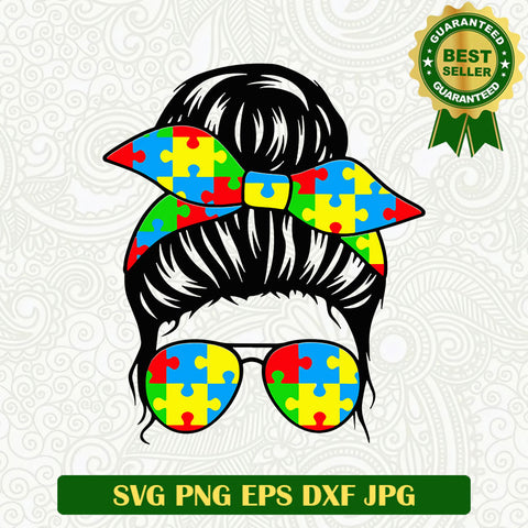 Autism mom messy bun SVG, Autism mom SVG, Autism bandana SVG